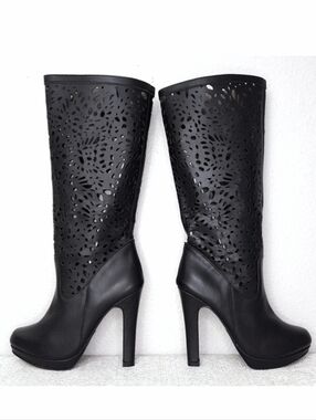 Colin Stuart Laser Cut-Out Leather Boots US 6.5 Black Tall Heeled